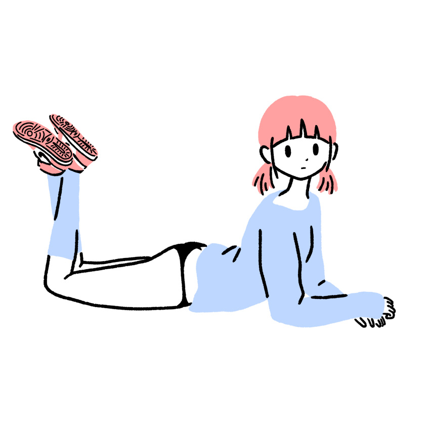 1girl absurdres air_jordan air_jordan_1 ass black_panties blue_shirt blue_socks blunt_bangs crossed_legs expressionless flat_color full_body highres legs_up limited_palette long_sleeves looking_at_viewer lying nike on_stomach original panties pink_footwear pink_hair shirt shoes short_hair simple_background sleeves_past_wrists socks solo twintails underwear white_background yuna_s_illust