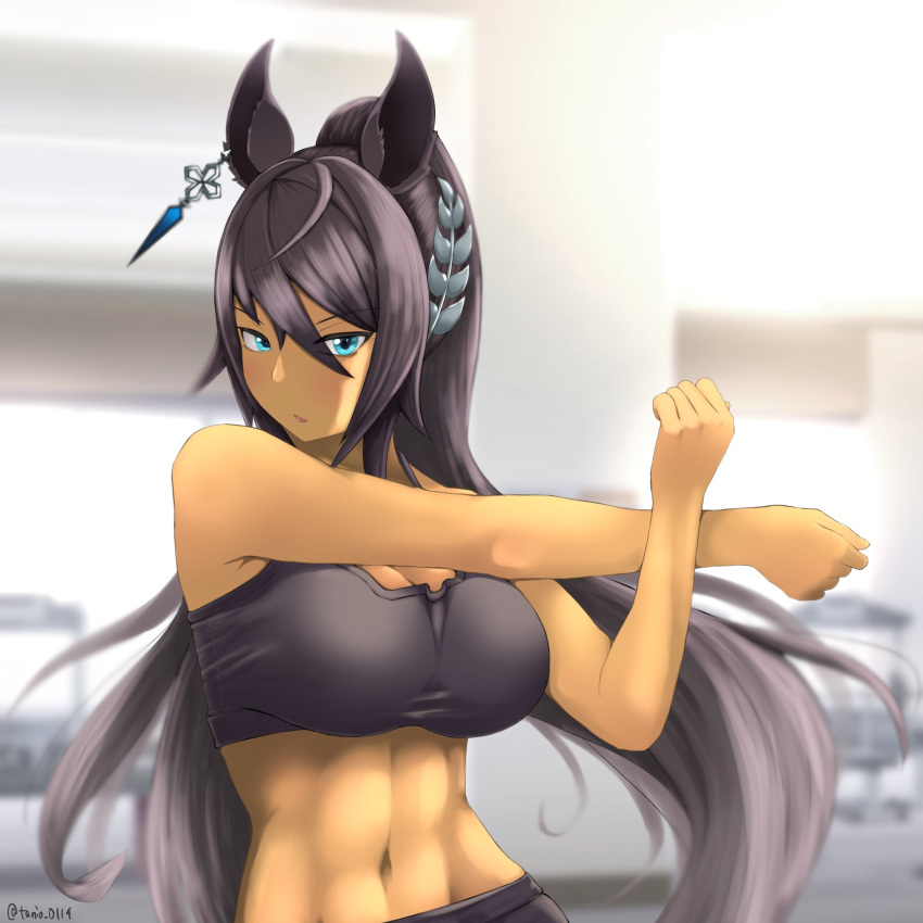 1girl abs animal_ears aqua_eyes arm_up blurry blurry_background breasts brown_hair character_request exercise_machine gym hair_between_eyes hand_up high_ponytail highres horse_ears indoors large_breasts light_blush long_hair looking_at_viewer navel outstretched_arm solo sports_bra stomach stretching tan tanio_(tanio_0114) toned umamusume upper_body very_long_hair