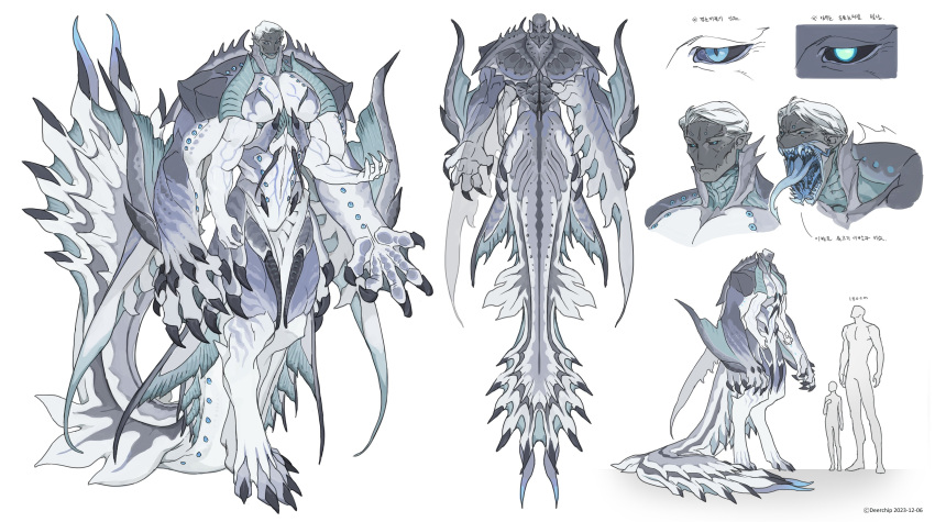 absurdres arm_fins arms_at_sides back_fin bara blue_scales commission deerchip expressionless fang fingernails fish_request full_body gills glowing glowing_eye height_difference highres large_hands long_tongue looking_at_viewer male_focus merman monster_boy muscular muscular_male open_mouth original sharp_fingernails skin_fang stomach tongue v-taper walking white_scales