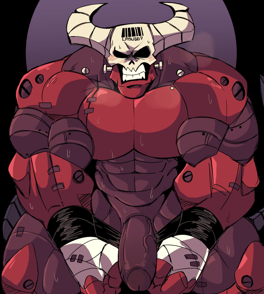 2023 abs angry barcode biceps big_pecs blush bodily_fluids bolts clenched_teeth deltoids demon eyeless genitals hand_wraps helltaker hi_res horn humanoid juggermelon looking_at_viewer male muscular muscular_humanoid muscular_male number pecs penis red_body robotic_arms solo subject_67_(helltaker) sweat tail tail_offscreen teeth teeth_showing vein wraps wrists_tied