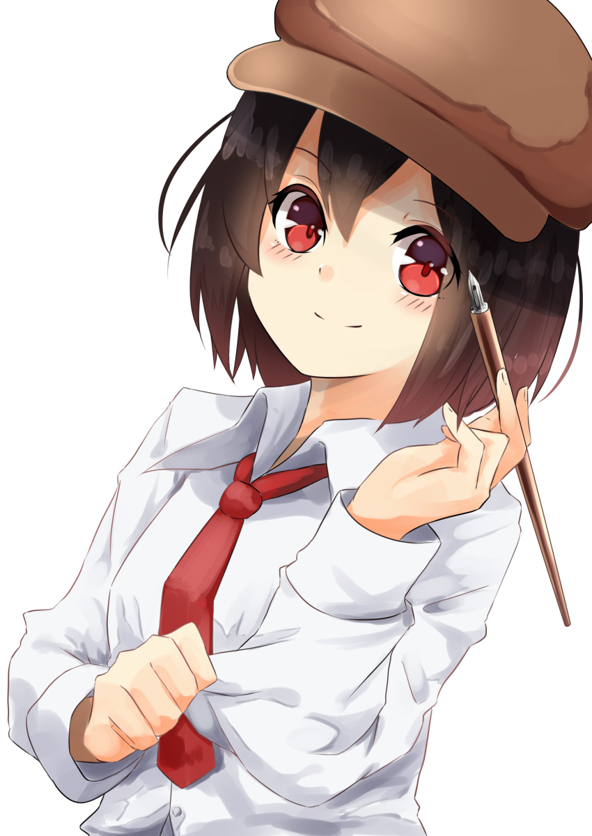 1girl absurdres artist_request black_hair blush brown_headwear cabbie_hat closed_mouth collared_shirt commentary_request hat highres holding long_sleeves necktie nib_pen_(object) official_alternate_costume pen red_eyes red_necktie shameimaru_aya shameimaru_aya_(newsboy) shirt short_hair simple_background smile solo touhou white_background white_shirt