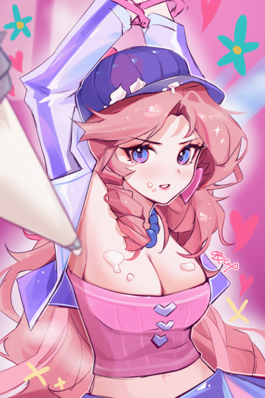 1girl absurdres arms_up bead_necklace beads breasts caitlyn_(league_of_legends) cleavage cream cropped_jacket heartthrob_caitlyn highres jacket jewelry large_breasts league_of_legends long_hair necklace official_alternate_costume open_clothes open_jacket pink_shirt purple_headwear shirt solo teeth thedistantdawn