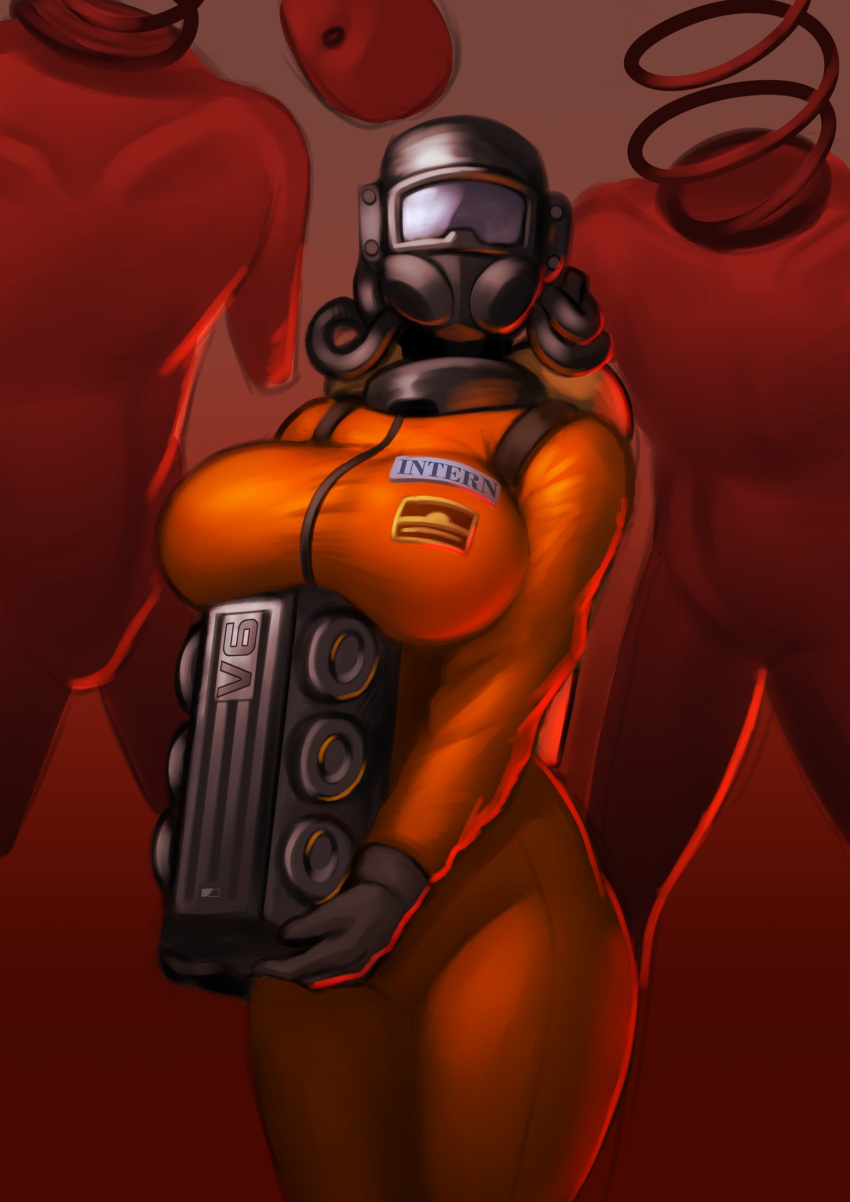 1girl 2others bodysuit breasts chira_(chiaroscuro) coil-head_(lethal_company) engine facing_viewer gloves gradient_background grey_gloves hazmat_suit highres holding large_breasts lethal_company monster multiple_others name_tag orange_bodysuit oxygen_mask red_background simple_background standing worker_(lethal_company)