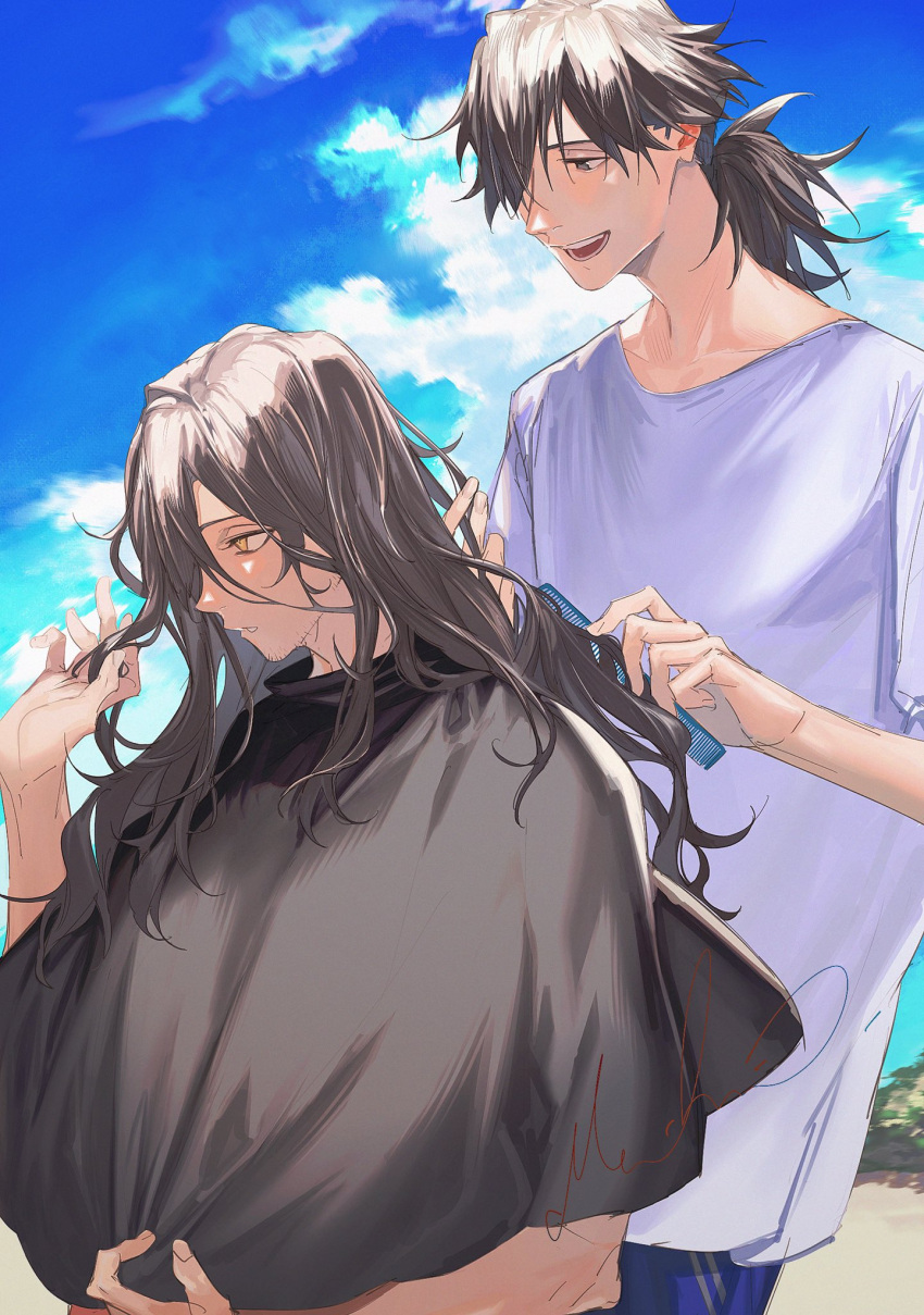 2boys blue_sky brown_eyes brushing_another's_hair brushing_hair collarbone fate/grand_order fate_(series) highres long_hair male_focus messy_hair multiple_boys okada_izou_(fate) open_mouth outdoors parted_lips ponytail sakamoto_ryouma_(fate) shirt signature sky smock sparse_stubble white_shirt yaoi yellow_eyes ziege113