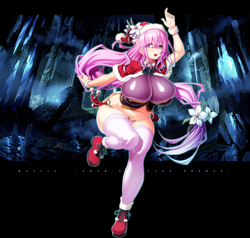 1girl arm_up blue_eyes breasts capelet eden's_ritter_grenze flower fur-trimmed_capelet fur-trimmed_headwear fur_trim hair_between_eyes hair_flower hair_ornament hat highres huge_breasts long_hair looking_at_viewer navel o-ring o-ring_bottom open_mouth pink_hair pink_thighhighs ponytail sakuya_tsuitachi santa_hat solo thighhighs very_long_hair wrist_cuffs