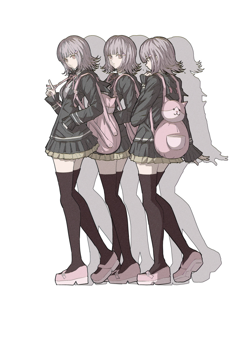 1girl backpack bag black_jacket black_shirt black_thighhighs brown_skirt danganronpa_(series) danganronpa_2:_goodbye_despair dialectic dress_shirt flipped_hair galaga grey_shirt hair_ornament hand_up highres hood hood_down hooded_jacket jacket long_sleeves medium_hair miniskirt multiple_views nanami_chiaki neck_ribbon open_clothes open_jacket pink_bag pink_footwear pink_ribbon pleated_skirt ribbon shirt skirt sleeves_past_wrists standing thighhighs white_background zettai_ryouiki