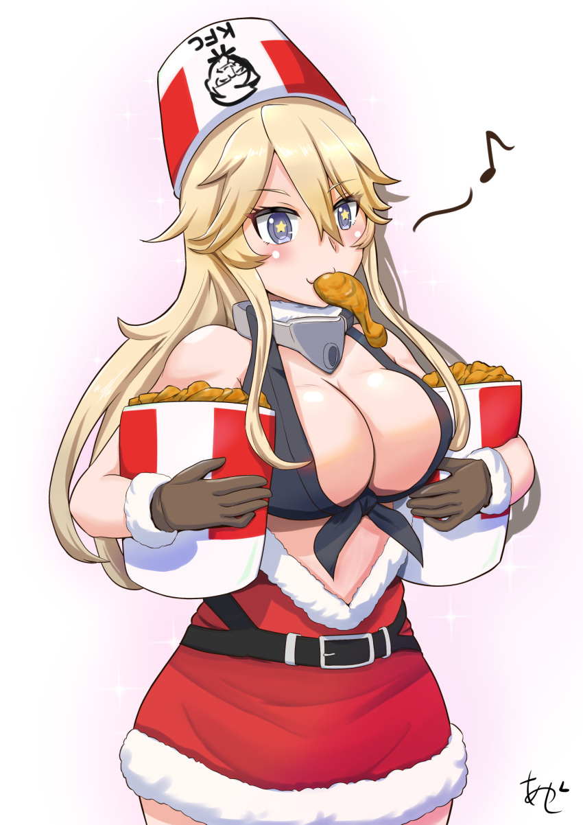 1girl akashieru belt black_belt blonde_hair blue_eyes breasts bucket_of_chicken chicken_(food) cleavage cup disposable_cup dress fast_food food fried_chicken front-tie_top fur-trimmed_dress fur_trim hair_between_eyes highres iowa_(kancolle) kantai_collection kfc large_breasts long_hair object_on_head red_dress santa_dress short_dress solo star-shaped_pupils star_(symbol) symbol-shaped_pupils very_long_hair