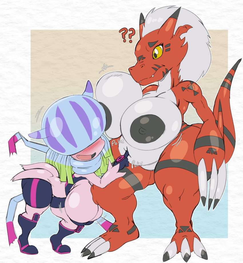 anthro areola bandai_namco big_breasts blush breasts clothed clothing digimon digimon_(species) female female/female footwear guilmon hi_res huge_breasts jellymon larger_female nipples purple_yoshi_draws red_body shoes size_difference smile teeth teslajellymon thick_thighs