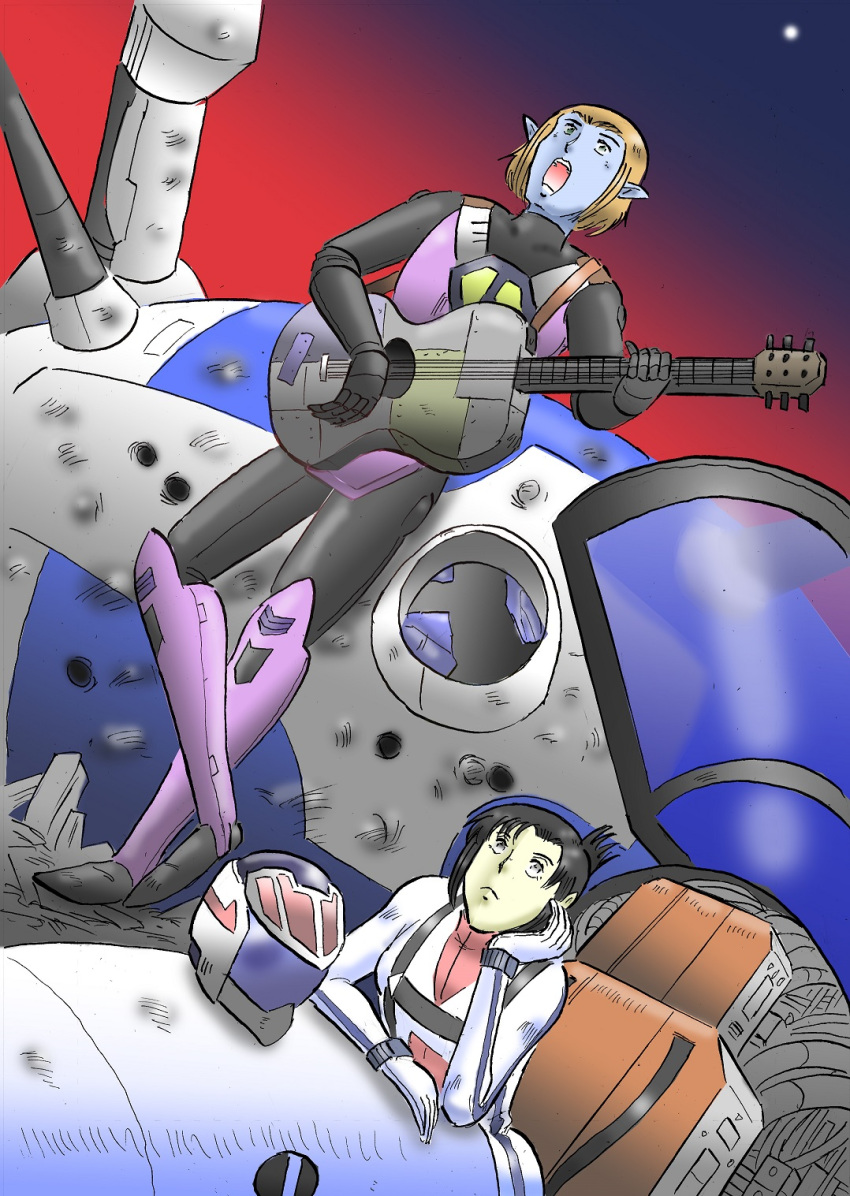 1boy 1girl alien aqua_skin black_hair blonde_hair blue_skin body_armor bullet_hole choujikuu_yousai_macross colored_skin couple damaged dutch_angle emblem friends giant gloves good_end guitar helmet highres instrument macross mecha miami_yokubou_kaigan multiple_boys music pilot pilot_suit playing_instrument pointy_ears regult robot science_fiction singing sketch spacesuit steel_guitar unworn_headwear unworn_helmet vf-1 waiting walker_(robot) wreckage zentradi