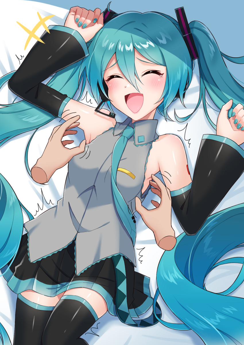 1girl aqua_nails aqua_necktie black_skirt black_sleeves black_thighhighs blush closed_eyes detached_sleeves grey_shirt hands_up hatsune_miku headphones highres laughing long_hair lying microphone motion_lines necktie on_back open_mouth pleated_skirt pov pov_hands shirt skirt sleeveless supo01 thighhighs tickling very_long_hair vocaloid