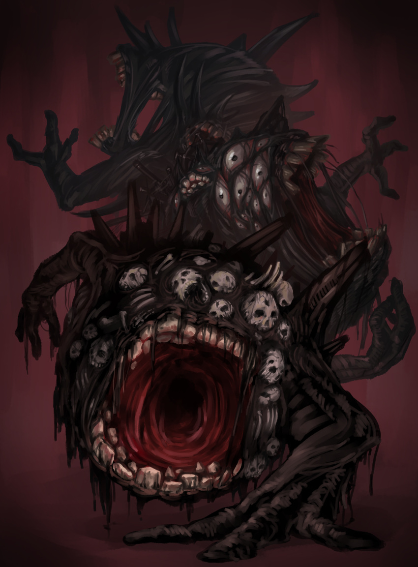 absurdres black_eyes commentary eldritch_abomination english_commentary extra_teeth full_body highres hold111 lobotomy_corporation looking_at_viewer monster mountain_of_smiling_bodies no_humans open_mouth project_moon ribs skull solo teeth