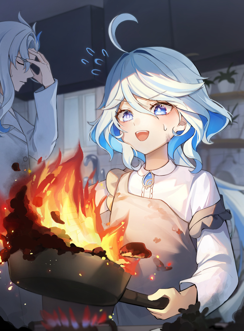 1boy 1girl absurdres blue_eyes blue_hair closed_eyes commentary cooking fire furina_(genshin_impact) genshin_impact hair_between_eyes heterochromia highres holding_pan indoors kitchen light_blue_hair long_hair long_sleeves multicolored_hair neuvillette_(genshin_impact) open_mouth shirt sidelocks smile streaked_hair sweatdrop teeth two-tone_hair upper_body upper_teeth_only white_shirt window youwon0417