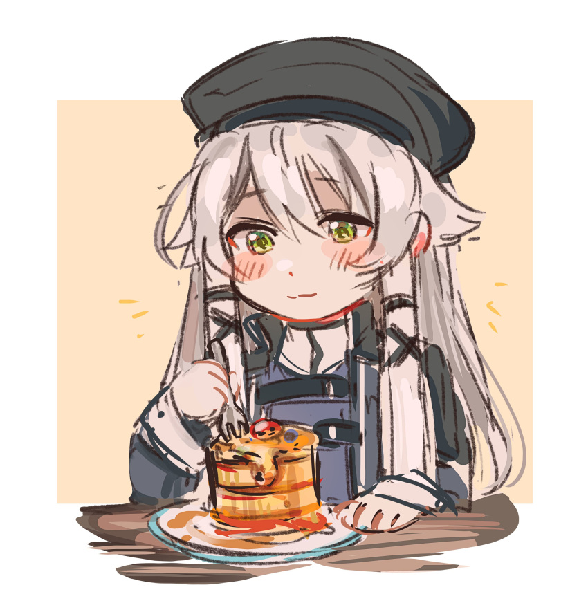 1girl absurdres altina_orion beret black_headwear blue_coat border closed_mouth coat eiyuu_densetsu food fork green_eyes hat highres holding holding_fork leorlontyan long_hair long_sleeves looking_down pancake pancake_stack plate sen_no_kiseki sen_no_kiseki_iii simple_background sketch smile solo thors_military_academy_branch_campus_uniform white_border white_hair