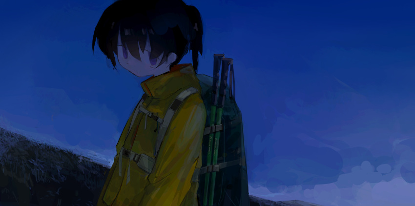 1girl :/ absurdres backpack bag black_hair blue_background chest_strap commentary empty_eyes from_side hairo_(r228n) high_collar highres hiking_pole jacket kuraue_hinata long_hair long_sleeves looking_at_viewer looking_to_the_side parka ponytail purple_eyes solo tareme upper_body yama_no_susume yellow_jacket