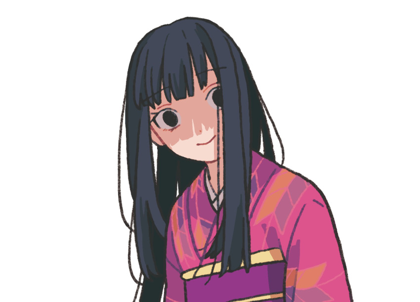 1girl black_hair blank_stare closed_mouth commentary_request dou_(mame_eee) empty_eyes gegege_no_kitarou hair_down highres japanese_clothes kimono kitarou_tanjou:_gegege_no_nazo long_hair looking_at_viewer obi obijime pink_kimono print_kimono ryuuga_sayo sash shaded_face simple_background smile solo upper_body white_background wide-eyed yagasuri