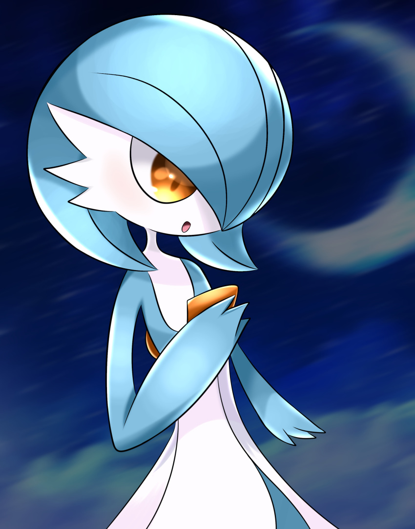 1girl a_(pixiv_72325308) absurdres alternate_color arm_at_side blue_background blue_hair blue_skin blue_sky blurry blurry_background blush bob_cut cloud colored_skin commentary_request crescent_moon flat_chest gardevoir hair_over_one_eye hand_up highres light_blush moon multicolored_skin night one_eye_covered open_mouth orange_eyes outdoors partial_commentary pokemon pokemon_(creature) shiny_pokemon short_hair sky solo standing two-tone_skin upper_body white_skin