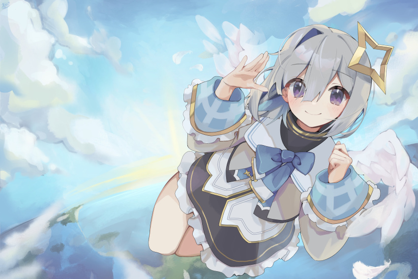 1girl absurdres amane_kanata amane_kanata_(1st_costume) angel_wings asymmetrical_bangs black_skirt blue_bow blue_bowtie blue_hair blue_sky blush bob_cut bow bowtie closed_mouth colored_inner_hair cropped_jacket feathered_wings flying grey_hair grey_jacket hair_over_one_eye halo highres hololive jacket long_sleeves looking_at_viewer multicolored_hair purple_eyes sailor_collar shirt short_hair single_hair_intake skirt sky sleeve_cuffs smile solo star_halo turtleneck virtual_youtuber waving white_shirt white_wings wings xivi9