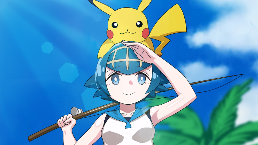 1girl :3 arm_up armpits black_eyes blue_eyes blue_hair blue_sailor_collar blue_sky blurry blurry_background blush_stickers bob_cut breasts bright_pupils closed_mouth cloud collarbone commentary_request day english_commentary fishing_rod grapeanime hairband hand_up happy highres holding holding_fishing_rod lana_(pokemon) lens_flare light_rays looking_afar mixed-language_commentary on_head outdoors palm_tree partial_commentary pikachu pokemon pokemon_(anime) pokemon_(creature) pokemon_on_head pokemon_sm_(anime) sailor_collar shading_eyes shiny_skin shirt short_hair sidelocks sky sleeveless sleeveless_shirt small_breasts smile split_mouth standing straight-on sunlight tree upper_body white_pupils white_shirt yellow_hairband