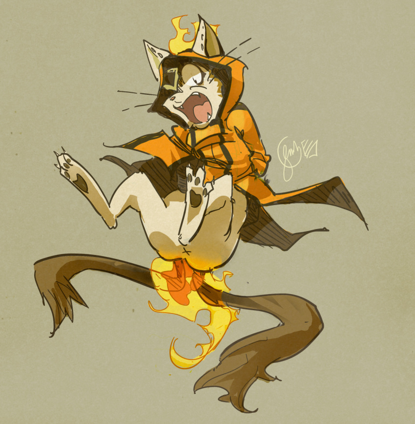 anthro beastkin blazblue bottomless burning butt butt_on_fire clothed clothing domestic_cat edtropolis feet felid feline felis fire hi_res hoodie jubei_(blazblue) male mammal multi_tail open_mouth pain solo tail topwear