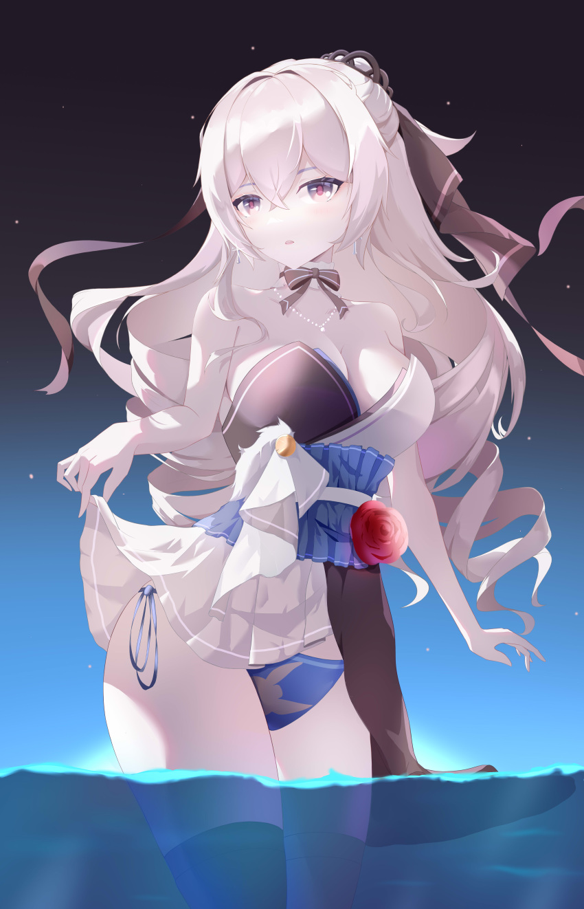 1girl absurdres bikini bikini_skirt black_bow black_bowtie bow bowtie breasts bronya_zaychik bronya_zaychik_(silverwing:_n-ex) chu_ling cleavage clothes_lift cowboy_shot drill_hair flower grey_eyes grey_hair highres honkai_(series) honkai_impact_3rd jewelry large_breasts lifted_by_self long_hair mismatched_bikini necklace open_mouth red_flower red_rose rose skirt skirt_lift solo strapless string_bikini swimsuit twin_drills very_long_hair wading water