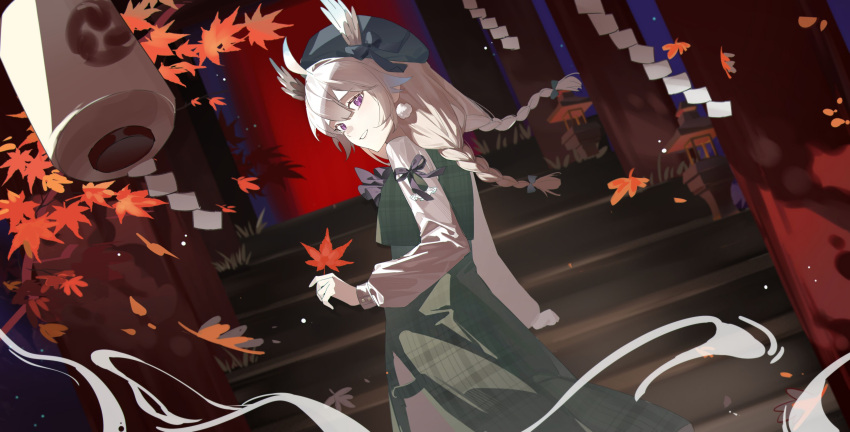 1girl absurdres autumn_leaves black_headwear blonde_hair braid chinese_commentary commentary_request cowboy_shot dress enna_alouette enna_alouette_(3rd_costume) feather_hair green_dress grin highres holding holding_leaf lai_dou_laile_555 lantern leaf looking_at_viewer looking_back nijisanji nijisanji_en outdoors pinafore_dress plaid plaid_dress purple_eyes shirt sleeveless sleeveless_dress smile solo stairs torii twin_braids virtual_youtuber white_shirt