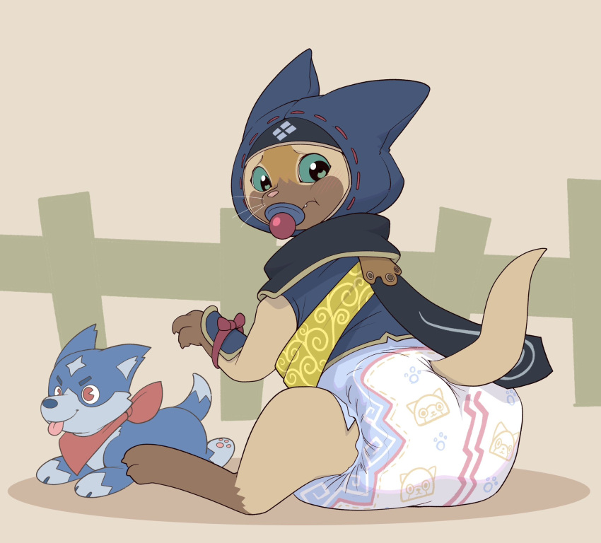 ambiguous_gender anthro blush capcom claws cuddlehooves diaper digitigrade embarrassed felid felyne hi_res lynian mammal monster_hunter ninja ninja_suit object_in_mouth pacifier pacifier_in_mouth palico paws pushie sitting solo warrior whiskers