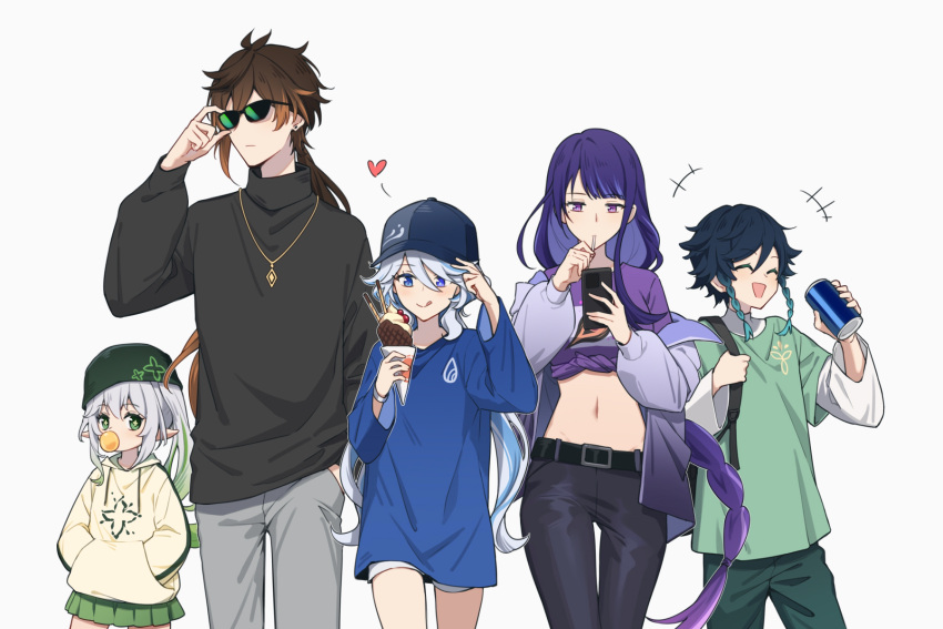 +++ 2boys 3girls alternate_costume black_hair blue_eyes blue_hair braid breasts bubble_blowing can casual cellphone closed_eyes commentary_request food furina_(genshin_impact) genshin_impact green_eyes green_hair grey_hair hand_in_pocket hat heart hei_lang highres holding holding_can holding_food holding_phone hood hood_down hoodie ice_cream_cone jacket jewelry long_hair long_sleeves midriff mole mole_under_eye multicolored_hair multiple_boys multiple_girls nahida_(genshin_impact) navel necklace off_shoulder open_mouth pants phone pleated_skirt pointy_ears purple_hair raiden_shogun shirt_rolled_up simple_background single_braid skirt smartphone sunglasses sweater turtleneck turtleneck_sweater twin_braids venti_(genshin_impact) very_long_hair zhongli_(genshin_impact)