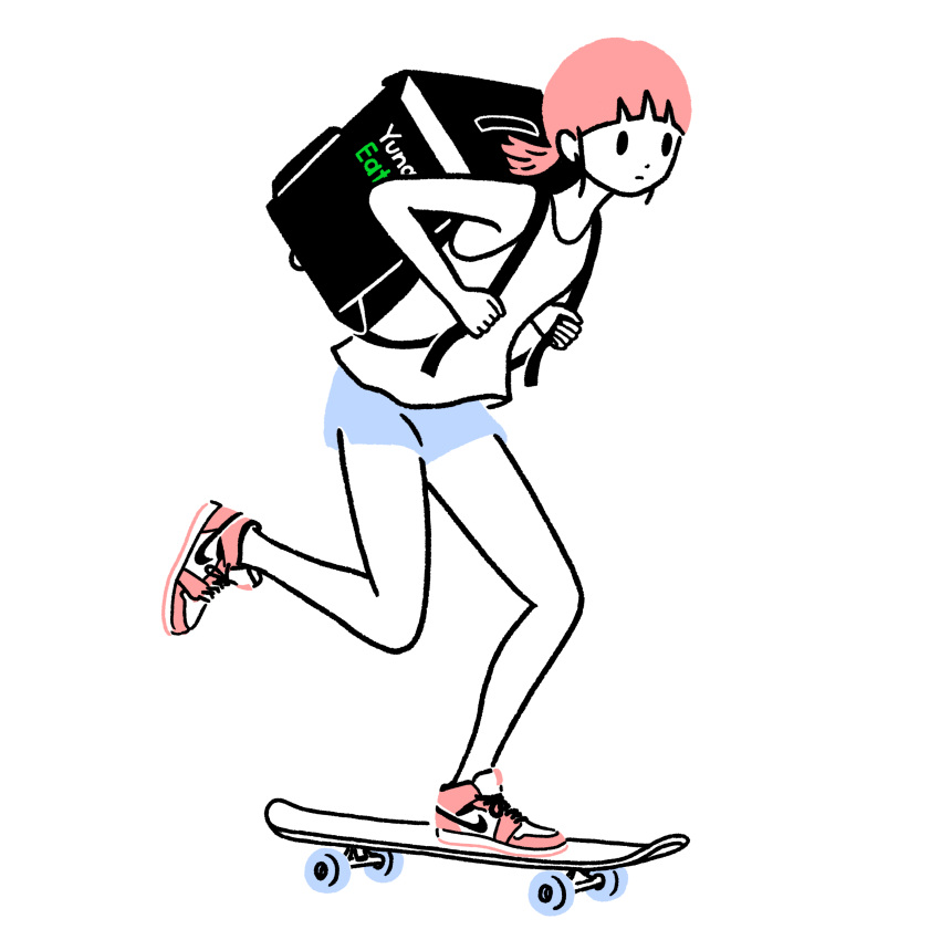 1girl absurdres backpack bag blue_shorts colored_skin expressionless flat_color full_body highres leaning_forward medium_hair original pink_footwear pink_hair print_bag shoes shorts simple_background skateboard skateboarding solo tank_top white_background white_skin white_tank_top yuna_s_illust