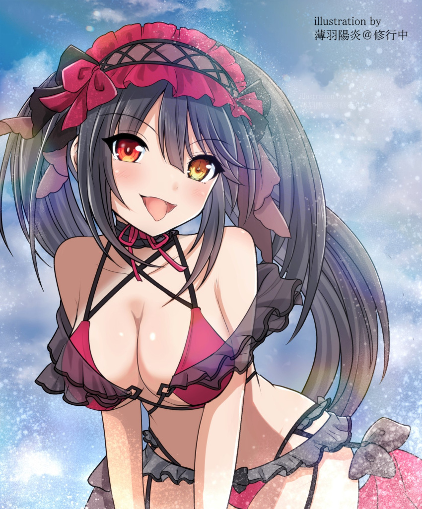 1girl bare_shoulders bikini black_hair breasts clock_eyes date_a_live frilled_bikini frilled_hairband frills hairband heterochromia highres large_breasts lolita_hairband looking_at_viewer red_eyes red_hairband solo swimsuit symbol-shaped_pupils tokisaki_kurumi tongue tongue_out usuba_kagerou_(shougyouchu)