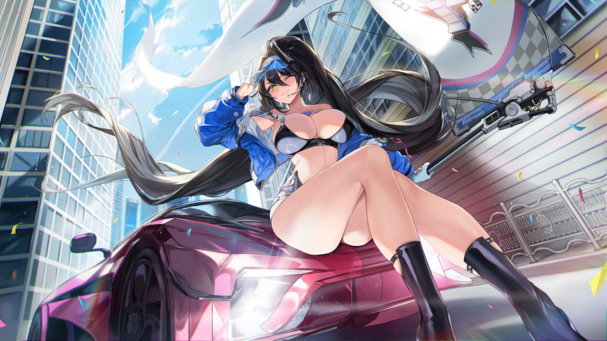 1girl black_hair blue_footwear blue_jacket blush boots breasts car closed_mouth gijang gloves hair_between_eyes half_gloves hand_up highres holding jacket knee_boots large_breasts long_hair long_sleeves looking_at_viewer motor_vehicle one_eye_closed original outdoors smile solo thighs very_long_hair visor_cap white_gloves yellow_eyes