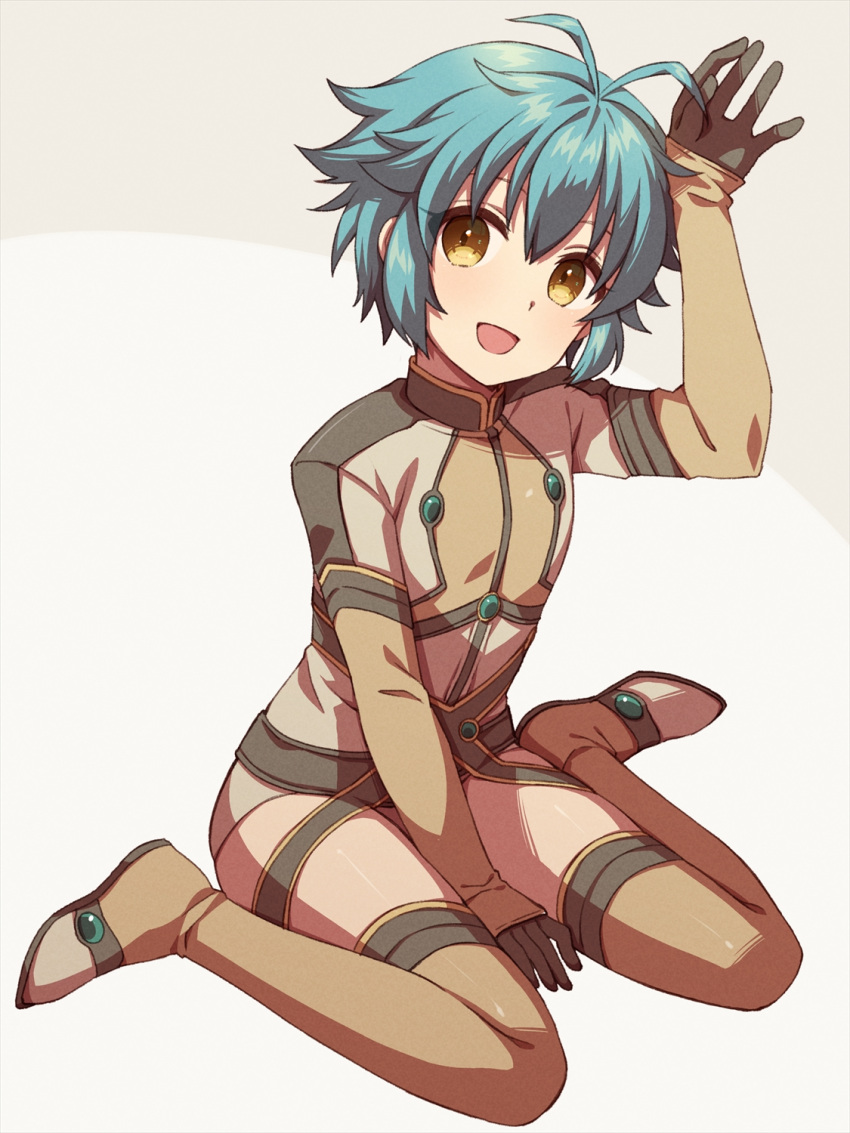 1girl :d antenna_hair between_legs black_gloves blue_hair blush boots brown_footwear chihiro_(chihiro3399) commentary_request eiyuu_densetsu flat_chest full_body gloves grey_background hair_between_eyes hand_between_legs hand_up happy highres leaning_forward long_sleeves looking_at_viewer millium_orion open_mouth sen_no_kiseki short_hair simple_background sitting smile solo spiked_hair tareme thigh_boots wariza yellow_eyes