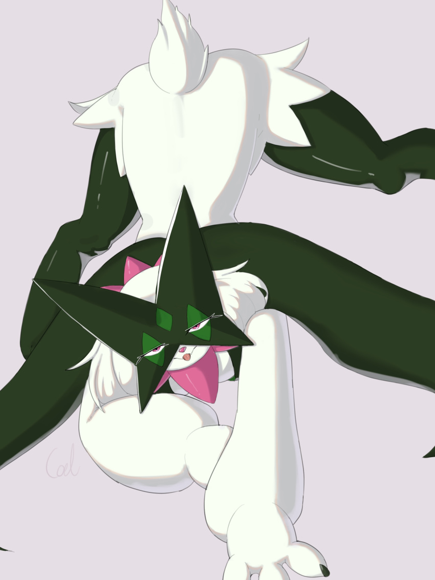 absurd_res ambiguous_gender anthro biped coel_(artist) flexible fur generation_9_pokemon green_body green_fur grey_background hi_res looking_at_viewer meowscarada nintendo pink_body pink_eyes pokemon pokemon_(species) simple_background solo splits spread_legs spreading tongue tongue_out