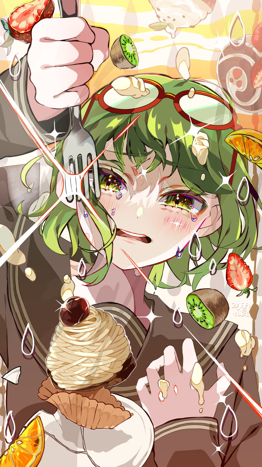 1girl absurdres broken_plate brown_sailor_collar brown_shirt crying crying_with_eyes_open dessert eyewear_on_head food fork fruit glasses green_eyes green_hair gumi hand_on_own_chest highres holding holding_fork icing kiwi_(fruit) mont_blanc_(food) open_mouth orange_(fruit) orange_slice plate red-framed_eyewear sailor_collar school_uniform serafuku shirt short_hair solo sparkle strawberry teardrop tears vocaloid yowamushi_mont-blanc_(vocaloid) zarame_yuki