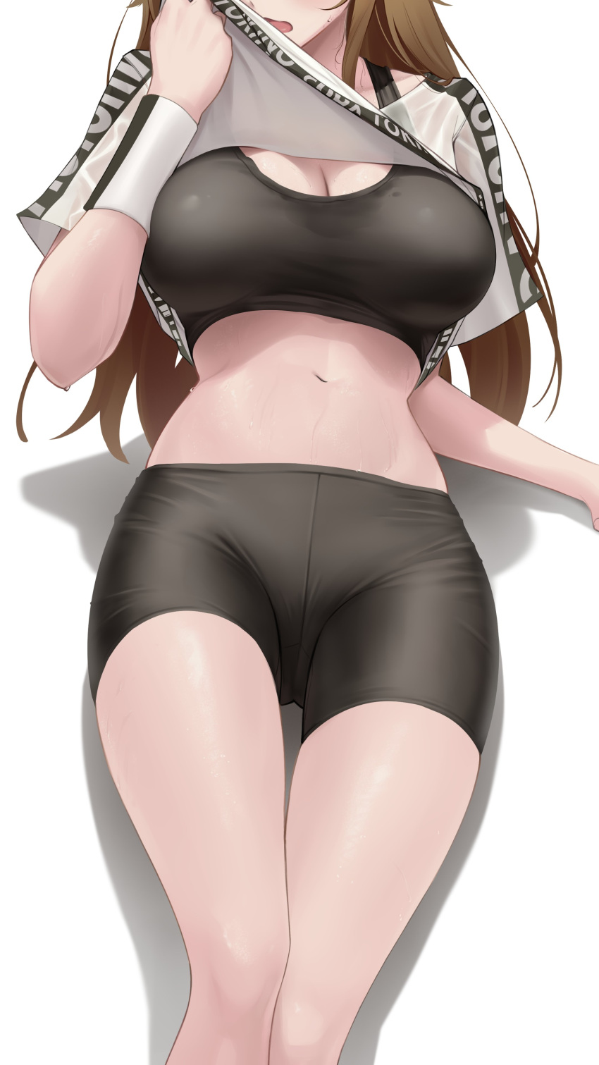1girl absurdres bike_shorts breasts brown_hair character_name cleavage copyright_name crop_top highres hololive hololive_dance_practice_uniform large_breasts long_hair midriff navel official_alternate_costume open_mouth simple_background solo somebody_(leiking00) sports_bra sweat sweatband tokino_sora virtual_youtuber white_background wiping_face wiping_sweat