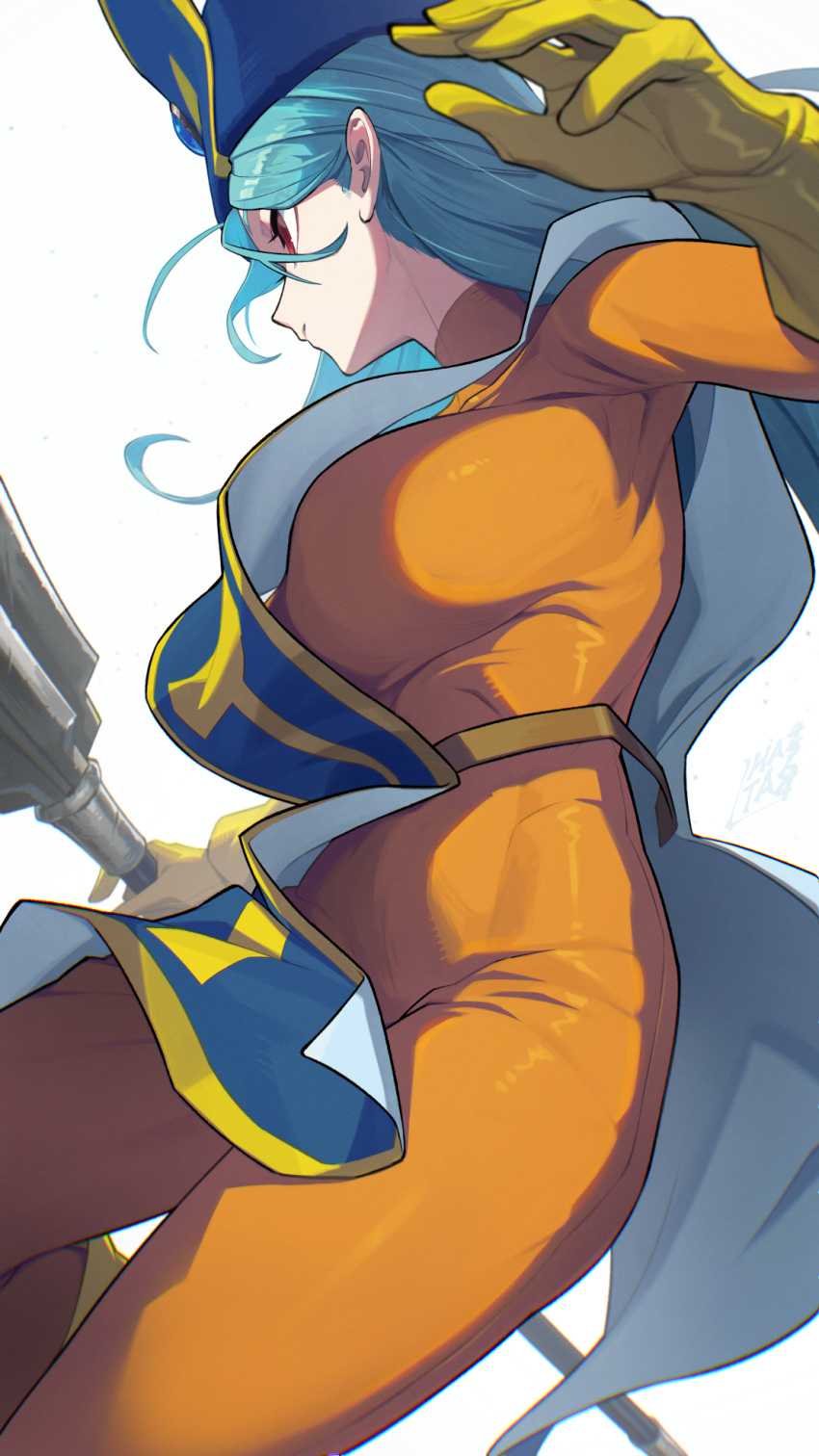 1girl blue_hair bodysuit boots breasts closed_mouth dragon_quest gloves hat hata4564 highres holding holding_mace holding_weapon large_breasts long_hair orange_bodysuit priest_(dq3) red_eyes simple_background solo standing turtleneck_bodysuit weapon white_background yellow_footwear yellow_gloves