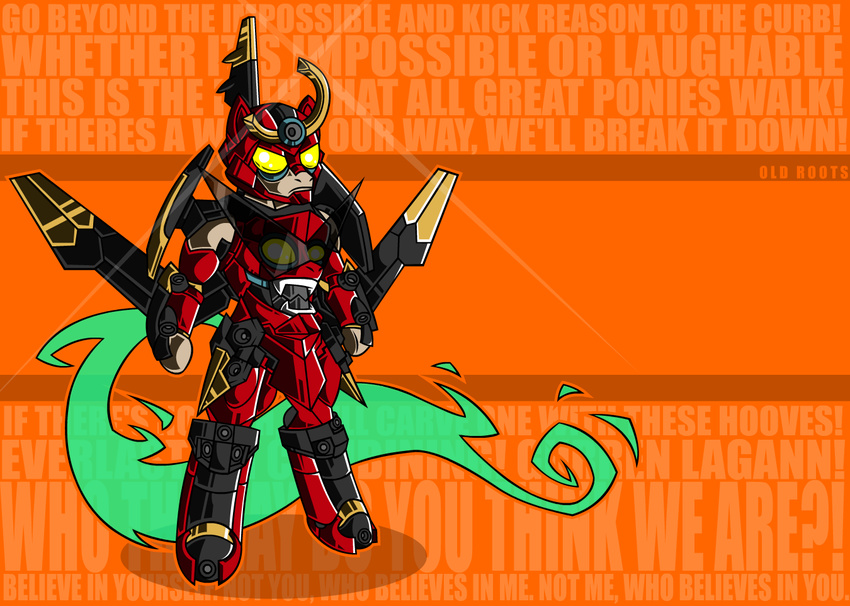 ambigous_gender armor black_body colored_text english_text equine eyewear glowing glowing_eyes green_hair gurren_lagaan hair hasbro horse mammal my_little_pony old-roots parody pony red_body rule_85 simple_background solo sunglasses tengen_toppa_gurren_lagann text white_body