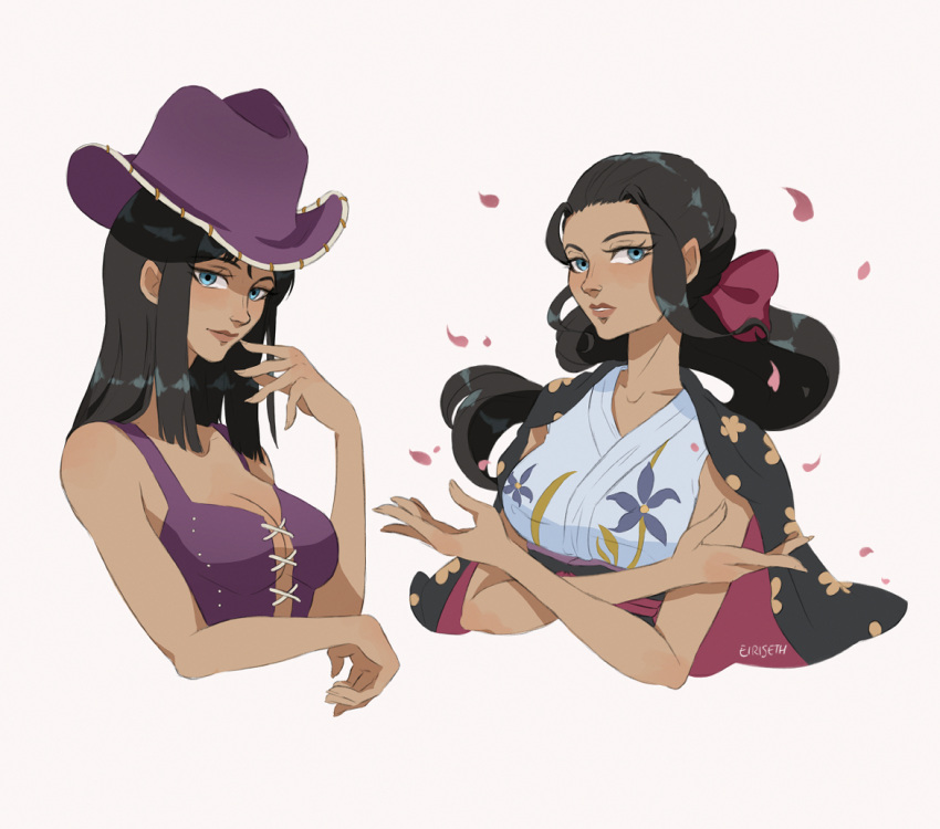 1girl black_hair blue_eyes blunt_ends crossed_arms eiriseth english_commentary eyelashes floating_hair floral_print hair_ribbon haori hat japanese_clothes kimono light_smile long_hair looking_at_viewer looking_to_the_side medium_hair multiple_views nico_robin official_alternate_costume one_piece petals pink_lips ponytail purple_headwear purple_ribbon purple_shirt ribbon shirt sidelocks simple_background sleeveless sleeveless_kimono sleeveless_shirt upper_body white_background