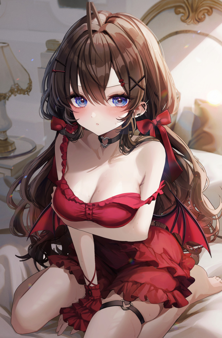 1girl absurdres ahoge arm_support arm_under_breasts bare_shoulders bed_sheet black_choker blue_eyes blush bow breasts brown_hair choker cleavage closed_mouth collarbone demon_wings desk_lamp dot_nose dress ear_piercing fake_wings frilled_dress frills garter_straps hair_between_eyes hair_bow hair_ornament hair_ribbon hairclip heart heart_choker highres ichinose_shiki idolmaster idolmaster_cinderella_girls idolmaster_cinderella_girls_starlight_stage indoors kudou_(sikisiki0000) lamp long_hair looking_at_viewer medium_breasts on_bed piercing pillow rainbow_gradient red_dress red_ribbon red_scrunchie ribbon scrunchie single_garter_strap sitting sleeveless sleeveless_dress solo strap_slip sweat sweatdrop wariza wavy_hair wings wrist_scrunchie x_hair_ornament
