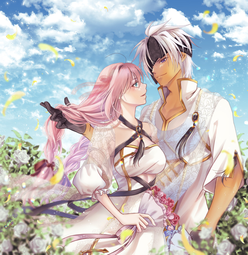 1boy 1girl alphen_(tales) black_gloves blue_eyes blue_sky bouquet braid brooch cloud eyepatch falling_petals field flower flower_field gloves hanasakuraya highres holding holding_bouquet jewelry low_twin_braids outdoors petals playing_with_another's_hair purple_eyes rose scarf shionne_(tales) sky smile tales_of_(series) tales_of_arise twin_braids white_flower white_hair white_rose