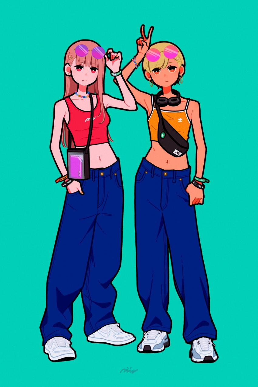 2girls absurdres aqua_background blonde_hair blue_pants bracelet bright_pupils brown_hair camisole crop_top earrings hair_behind_ear hair_ornament hairpin hand_in_pocket headphones headphones_around_neck highres hoop_earrings jewelry long_hair midriff miyoshi_yoshimi multiple_girls navel necklace orange_camisole orange_eyes original pants red_eyes red_tank_top shoes simple_background tank_top v white_footwear white_pupils