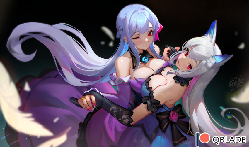 2girls animal_ears backless_dress backless_outfit bare_shoulders black_gloves blue_dress blue_hair blurry breast_press breasts cleavage dancing depth_of_field detached_collar dress elbow_gloves feathers fox_ears from_above gloves grey_hair holding_hands jewelry large_breasts light_blue_hair long_hair looking_at_viewer multiple_girls off-shoulder_dress off_shoulder one_eye_closed original patreon_logo patreon_username pink_nails purple_dress qblade red_eyes ring sidelocks smile symmetrical_docking very_long_hair yuri