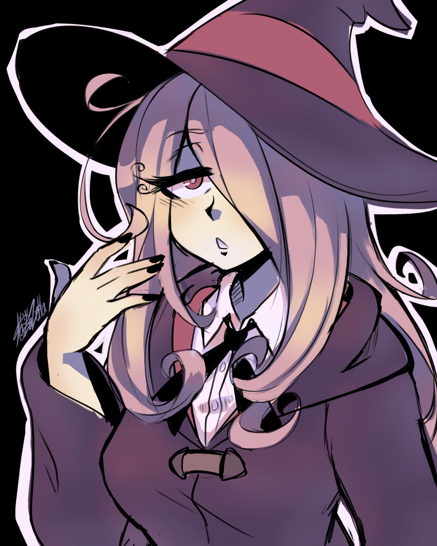 1girl absurdres black_background black_nails hair_over_one_eye hat highres kaibuzetta little_witch_academia long_eyelashes long_hair luna_nova_school_uniform pale_skin purple_eyes purple_hair school_uniform signature simple_background sketch solo sucy_manbavaran upper_body witch_hat