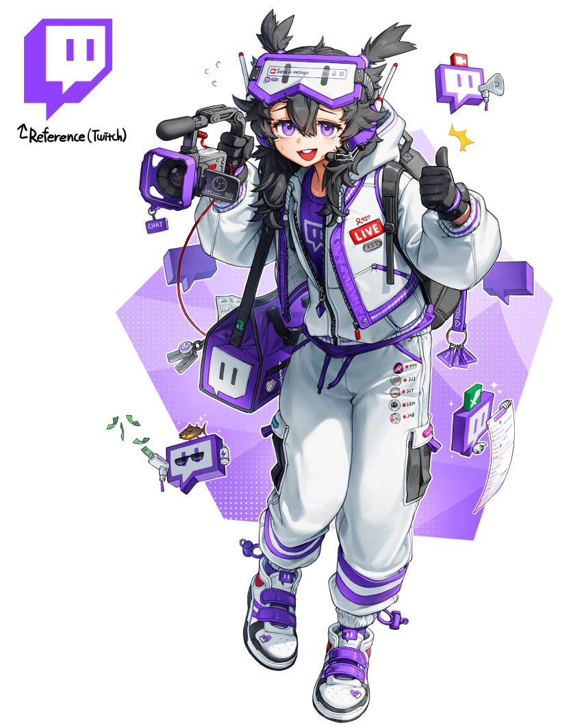 1girl absurdres backpack bag banknote black_hair camera fish full_body hair_between_eyes highres holding holding_camera jacket long_hair long_sleeves looking_at_viewer money open_mouth original pants personification print_shirt purple_eyes purple_shirt rinotuna shirt shoulder_bag smile solo standing thumbs_up twitch.tv white_jacket white_pants zipper zipper_pull_tab