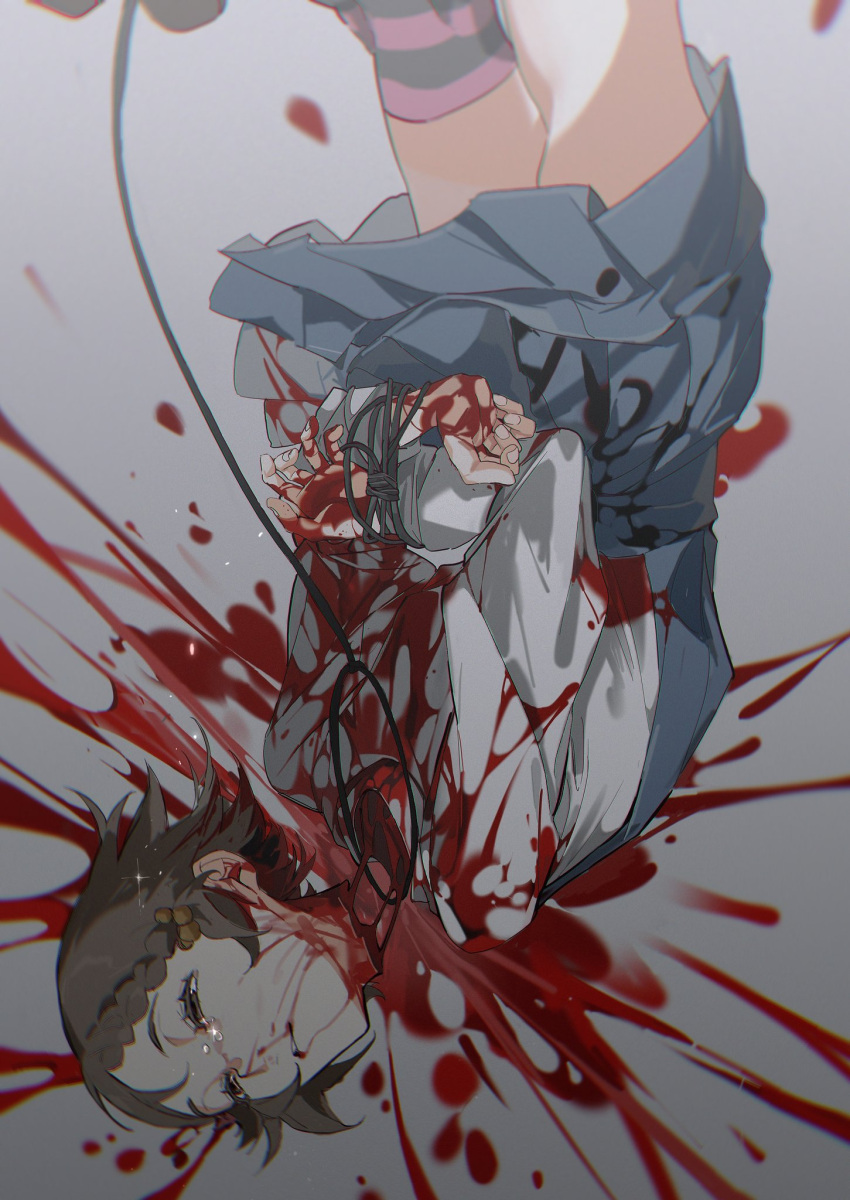 1girl arms_behind_back black_thighhighs blood blood_on_clothes blood_on_face blood_on_hands blood_splatter blue_dress bound bound_arms braid brown_eyes brown_hair cable commentary cowboy_shot crying crying_with_eyes_open decapitation dress eyelashes fingernails gradient_background grey_background guro hair_bobbles hair_ornament half-closed_eyes highres long_sleeves makishima_haru noose pink_thighhighs pleated_skirt raging_loop riko-m shirt short_dress short_hair single_braid single_thighhigh skirt sleeveless sleeveless_dress solo striped striped_thighhighs teardrop tears thighhighs two-tone_thighhighs upside-down white_shirt white_sleeves zettai_ryouiki