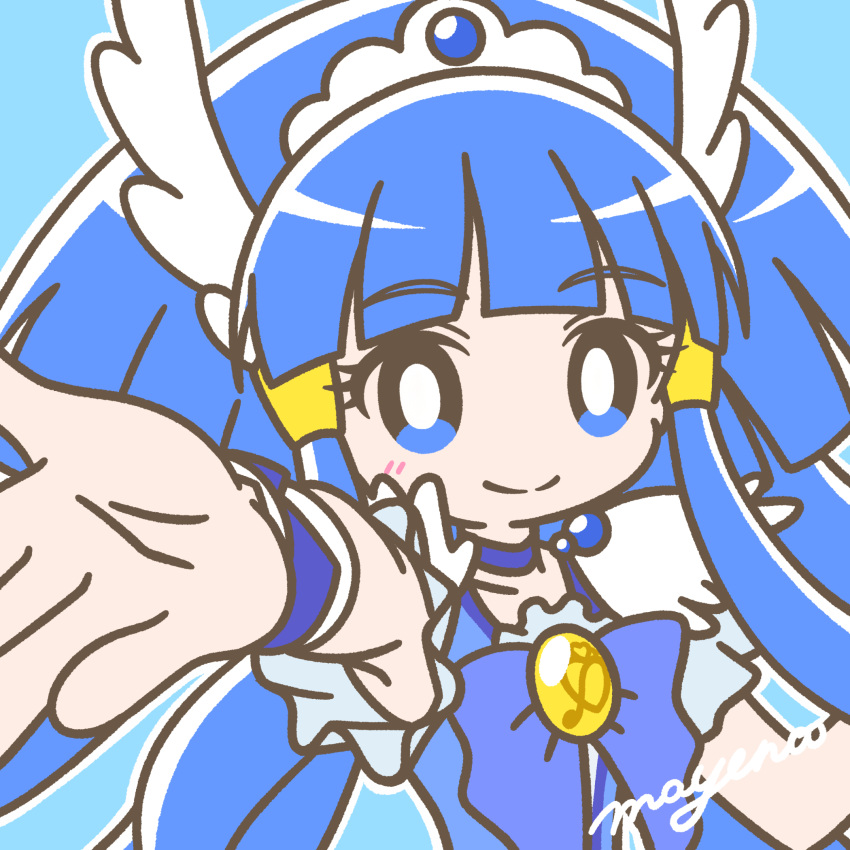 1girl aoki_reika blue_eyes blue_hair blue_theme bow bright_pupils choker closed_mouth cure_beauty fake_head_wings hair_tubes head_wings highres long_hair looking_at_viewer magical_girl mayena outline outstretched_hand precure signature smile smile_precure! solo tiara upper_body white_outline wing_earrings wings wrist_cuffs