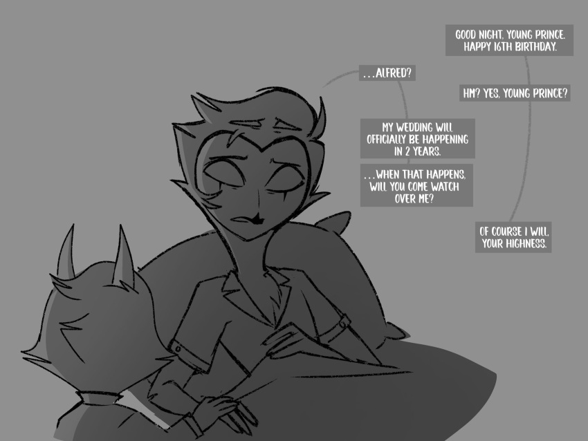 anthro avian avian_demon bed bedding bird blanket butler demon dialogue duo furniture grey_background hair helluva_boss hi_res horn imp male owl owl_demon pillow short_hair simple_background speech_bubble stolas_(helluva_boss) teathekook text white_text