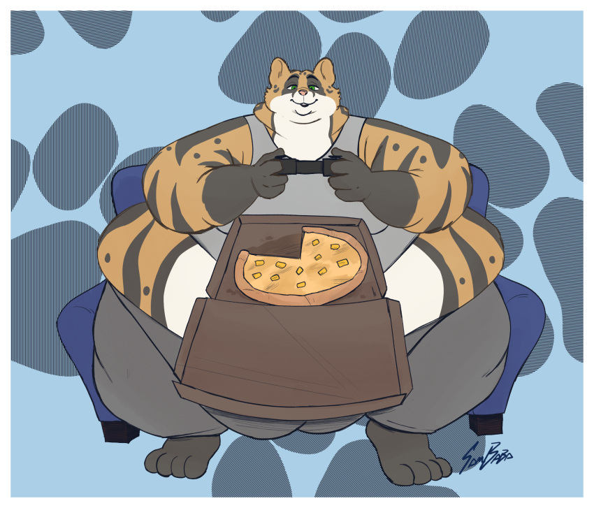 anthro belly belly_overhang big_belly black_body black_fur chubby_cheeks clothed clothing controller double_chin fat_rolls felid feline food fur furniture game_controller hi_res holding_controller holding_game_controller holding_object leopardus male mammal moobs morbidly_obese morbidly_obese_anthro morbidly_obese_male obese obese_anthro obese_male ocelot on_sofa orange_body orange_fur overweight overweight_anthro overweight_male pizza pizza_box sambaba sitting sitting_on_sofa smile sofa solo striped_body striped_fur stripes thick_thighs white_body white_fur wide_hips