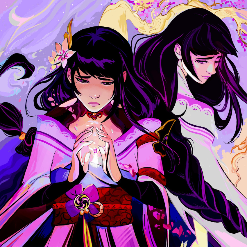 2girls braid braided_ponytail commentary english_commentary flower frown genshin_impact hair_flower hair_ornament highres japanese_clothes kimono long_hair makoto_(genshin_impact) mole mole_under_eye multiple_girls obi one_eye_closed petals pink_kimono pink_lips purple_eyes purple_hair raiden_shogun sash smile thereinart very_long_hair