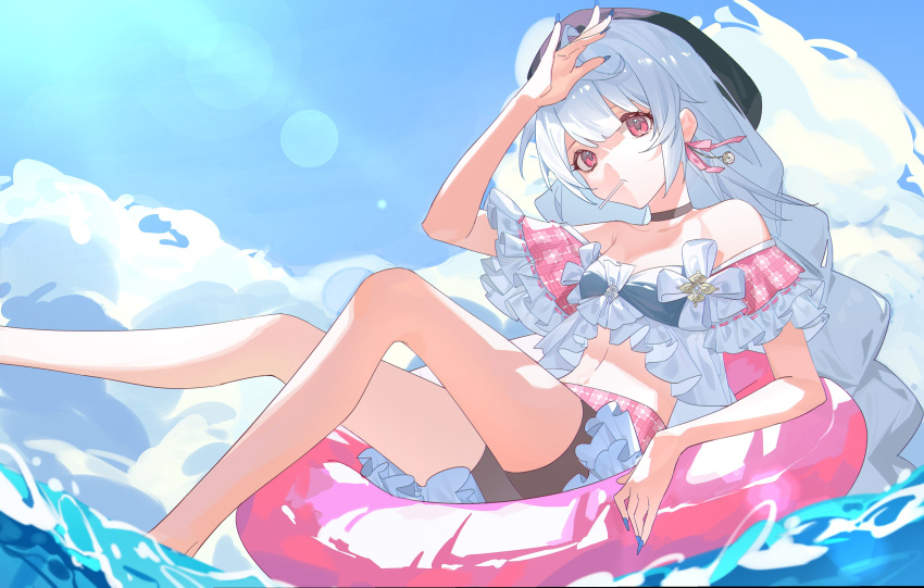 1girl absurdres blue_nails blue_sky bow bow_earrings braid brown_headwear chinese_commentary cloud commentary_request earrings grey_hair highres innertube jewelry lai_dou_laile_555 long_hair looking_at_viewer midriff nail_polish nijisanji nijisanji_en ocean on_innertube outdoors pink_shorts plaid plaid_shorts red_eyes reimu_endou reimu_endou_(3rd_costume) shading_face shorts sidelocks sky solo virtual_youtuber