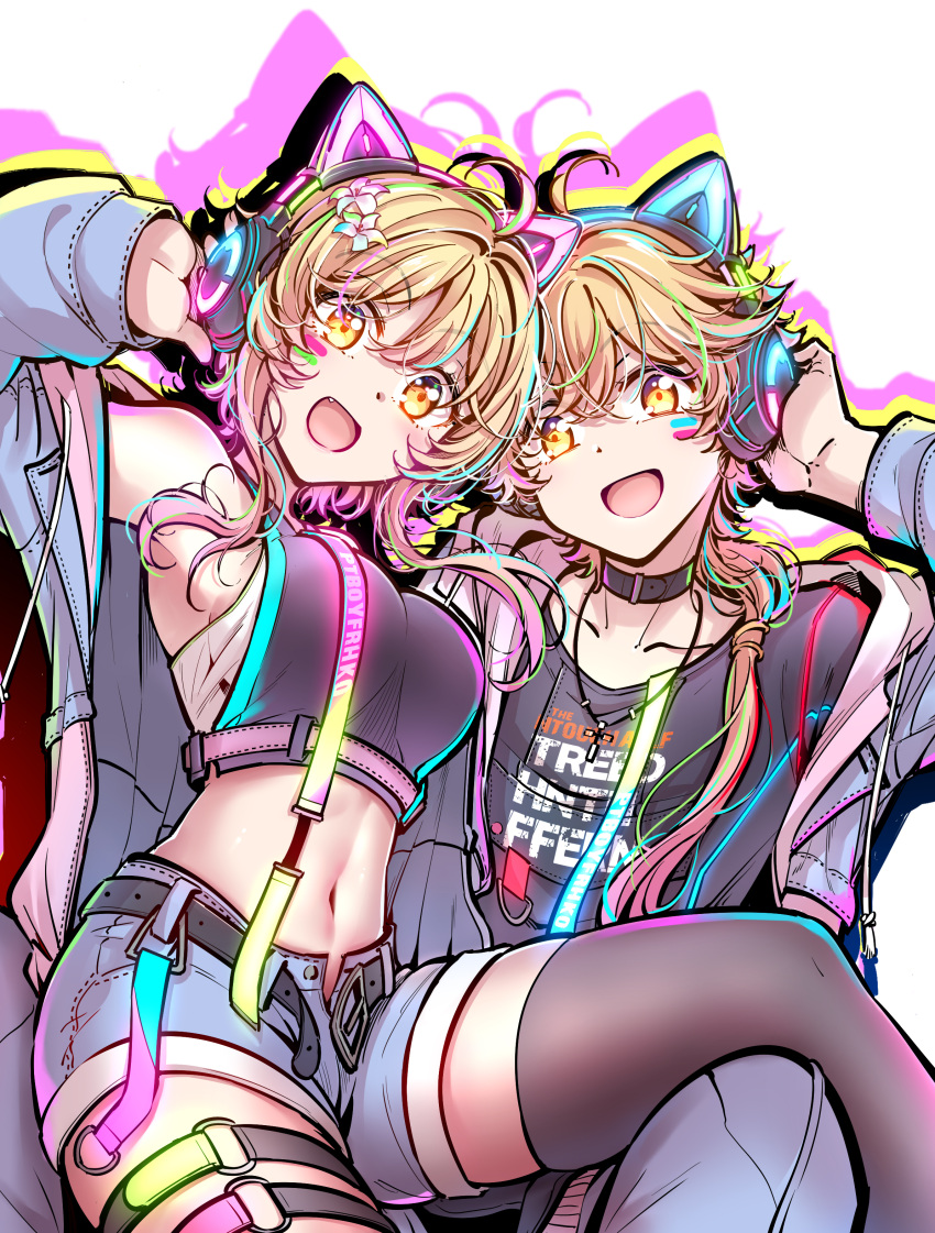 1boy 1girl :d absurdres aether_(genshin_impact) ahoge alternate_costume animal_ear_headphones animal_ears arm_up armpits bare_shoulders belt black_belt black_choker black_shirt black_thighhighs blonde_hair blue_jacket blue_pants blue_shorts breasts brother_and_sister cat_ear_headphones chinese_commentary choker collarbone commentary_request contemporary crop_top drawstring facial_mark fake_animal_ears fang fei_luo_mao flower genshin_impact hair_between_eyes hair_flower hair_ornament headphones highres jacket jewelry long_hair long_sleeves looking_at_viewer lumine_(genshin_impact) medium_breasts midriff navel necklace neon_trim off_shoulder open_belt open_clothes open_fly open_jacket open_mouth pants shirt short_hair short_hair_with_long_locks short_shorts shorts siblings sidelocks simple_background skindentation sleeveless sleeveless_shirt smile thigh_belt thigh_strap thighhighs twins undershirt white_background white_flower yellow_eyes